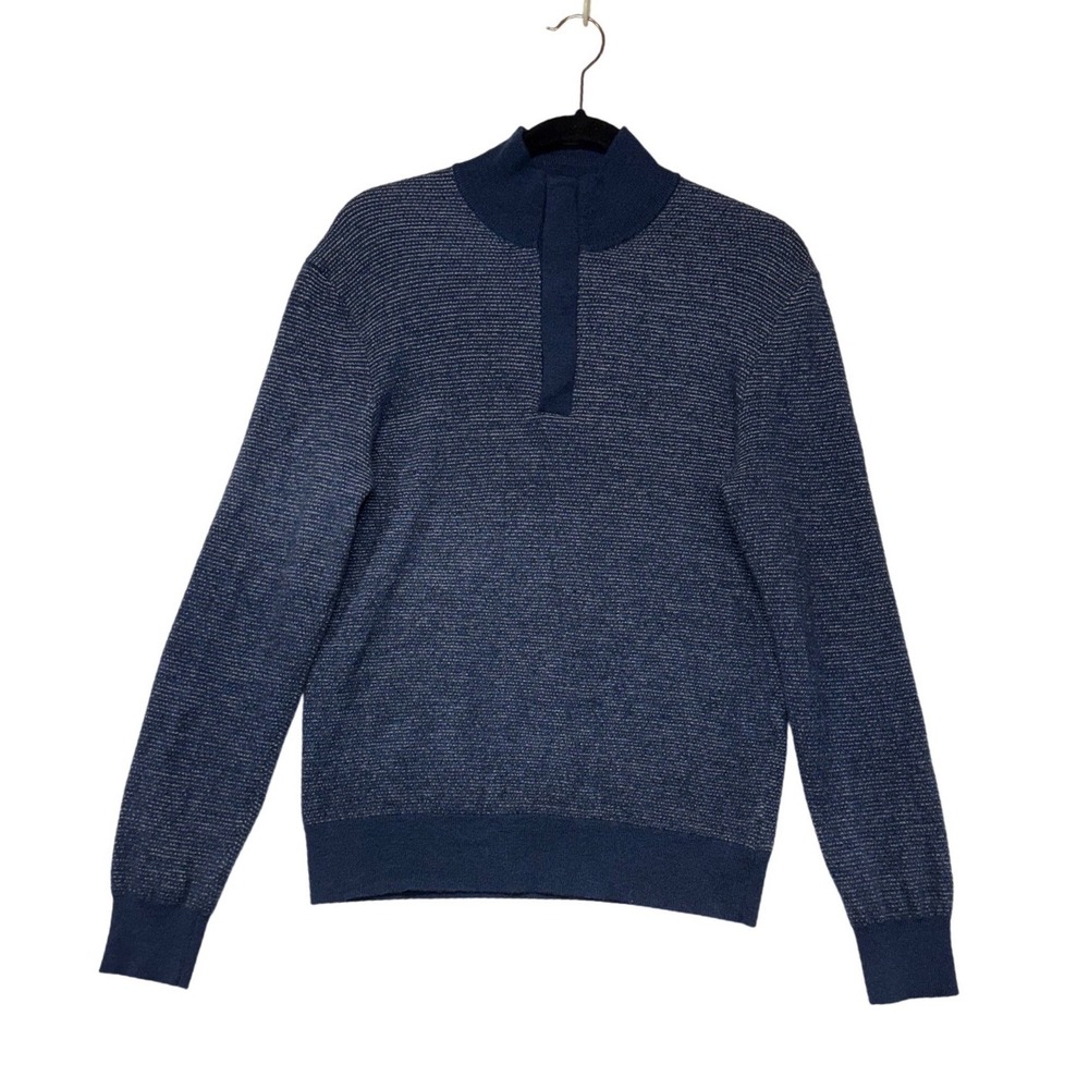 UNTUCKit Phoenix Blue Merino Wool Quarter Zip Sweater Mens‎ Large 40736 Striped